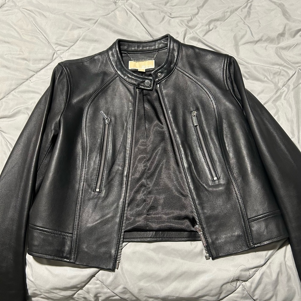 Michael Kors Black Lambskin Leather Women's Moto Jacket